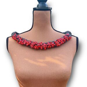 Vintage Braided Chainmail Necklace, Ruby Rhinestones, Heavy Weight Wide Collar